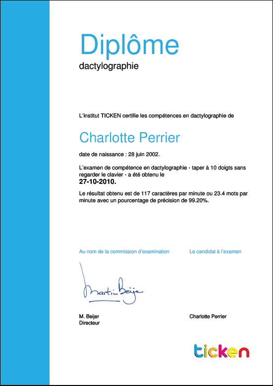 TICKEN Diplôme de dactylographie